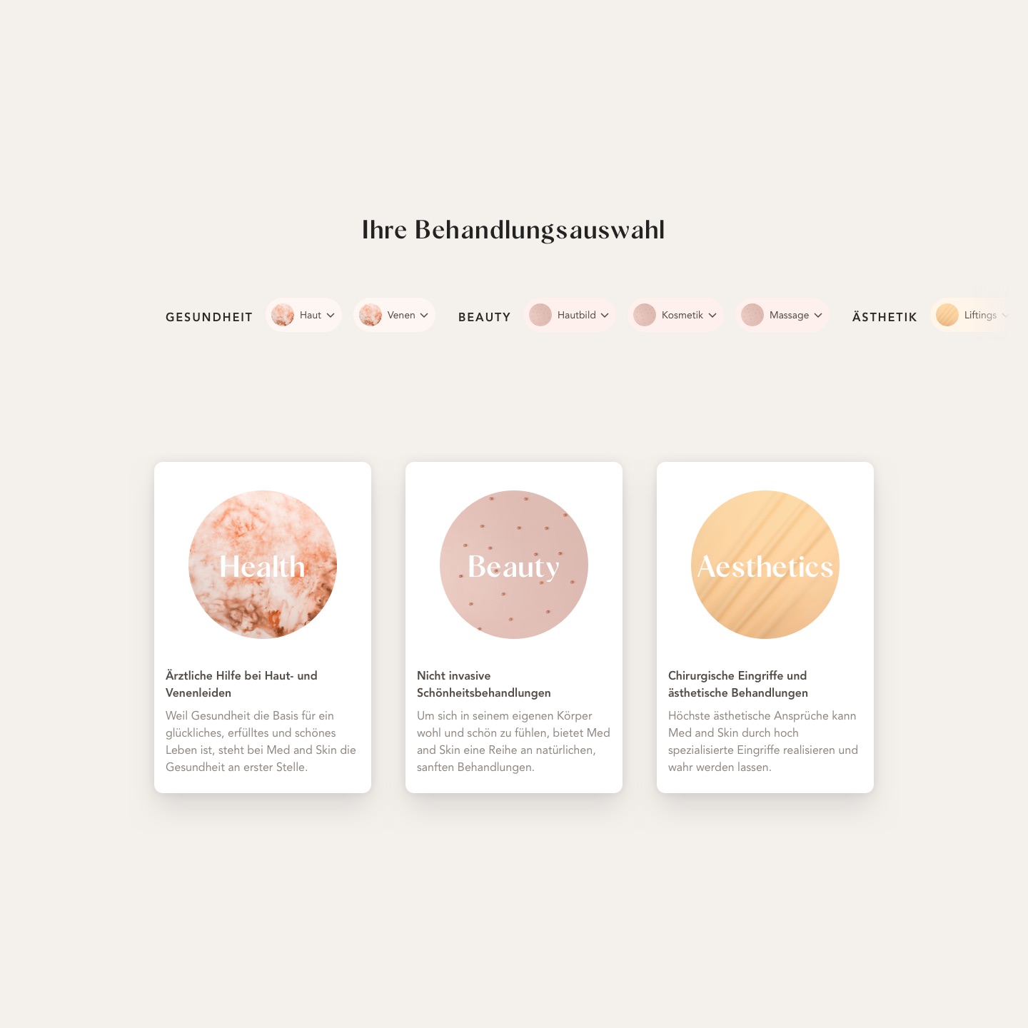 Webdesign of Med and Skin – cards and treatments