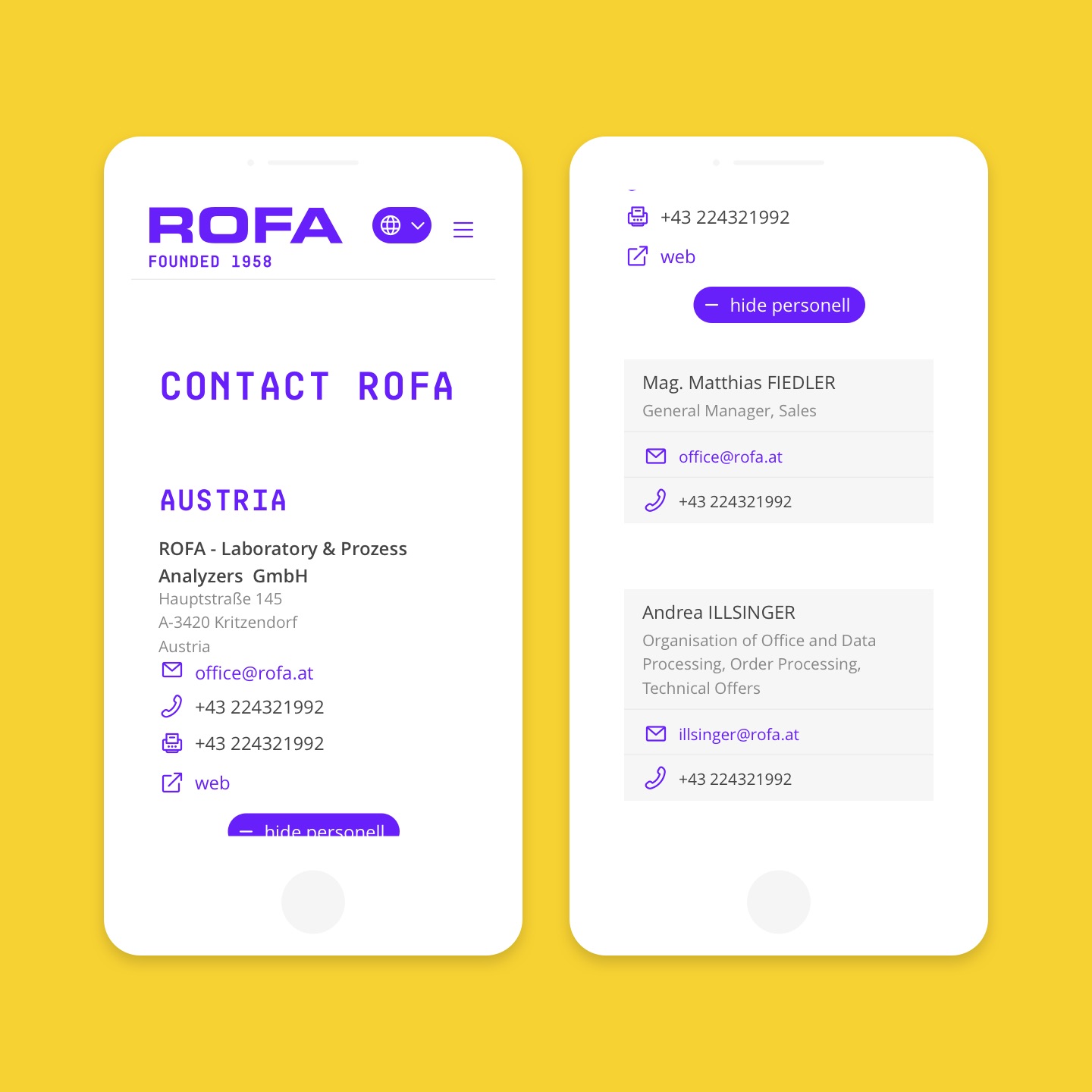 Webdesign of the contact page of rofa.at