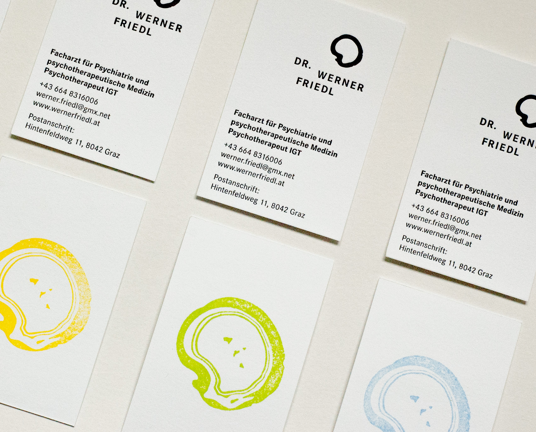 Detail of printed business cards of Dr. Werner Friedl