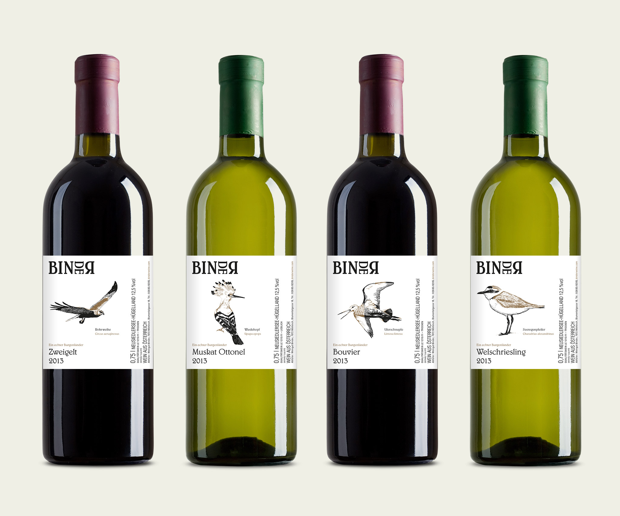 Binder winery labels with bird drawings