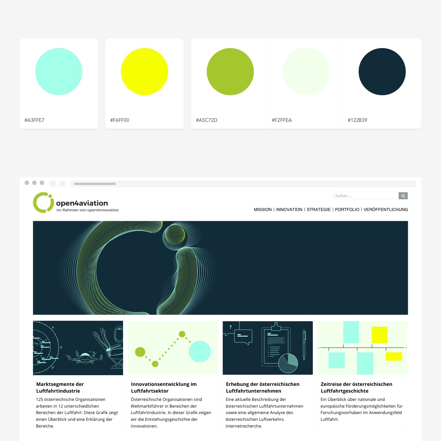Website elements for open4aviation.at designed by ast+nebel Colors, header and teaserdesign for the platform open4aviation.at