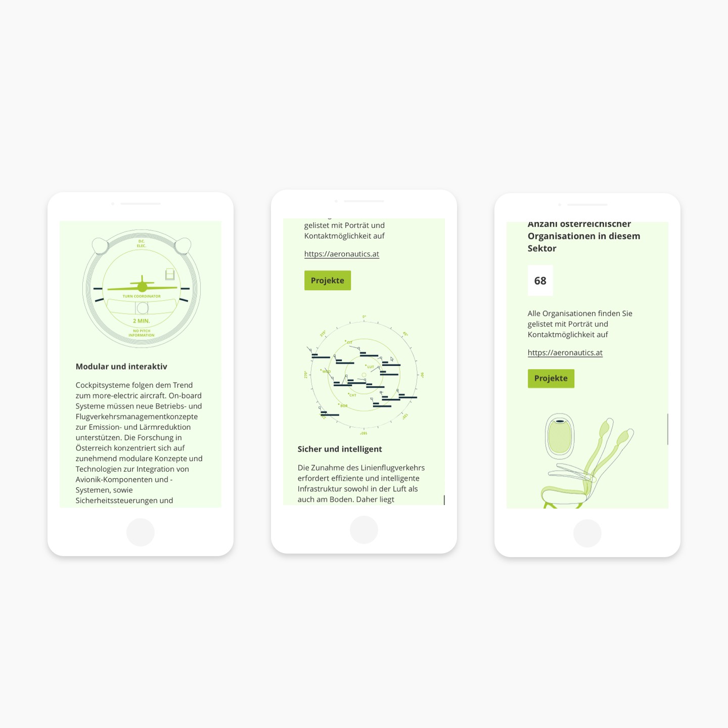 Detailscreens on mobile devices of segments of the flight industry the platform open4aviation.at.