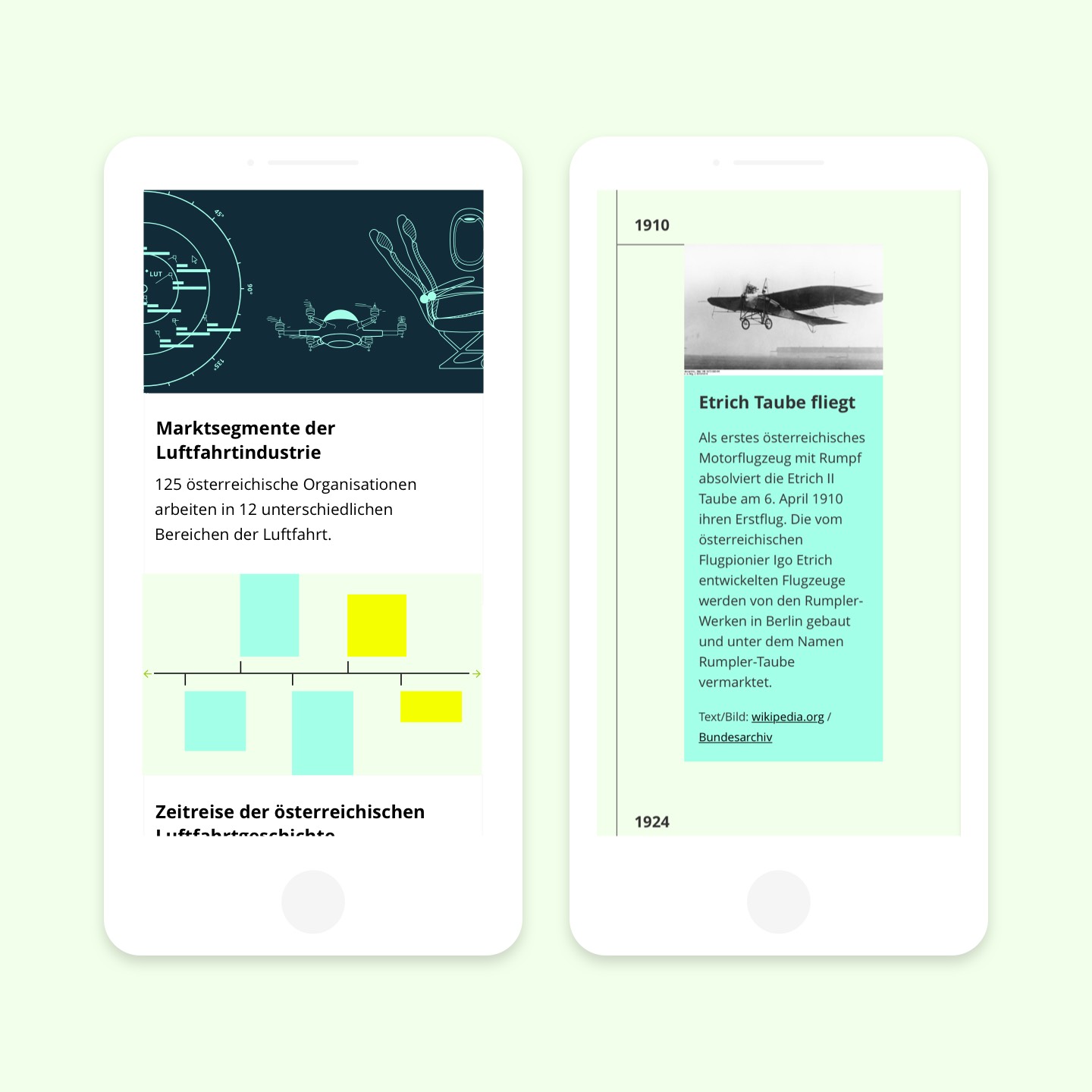 Teaser elements and time travel element on mobile devices of the platform open4aviation.at.