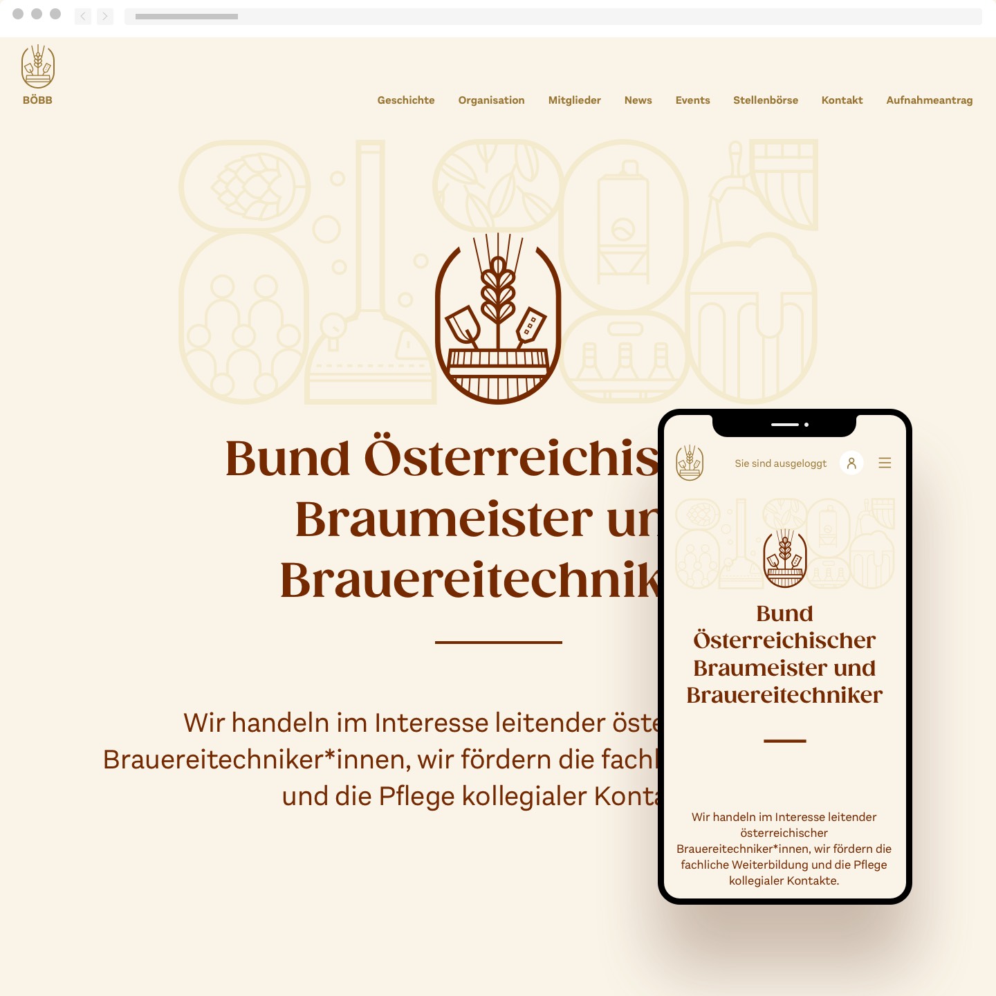 Screenshot of homepage on desktop and mobile from braumeisterbund.at