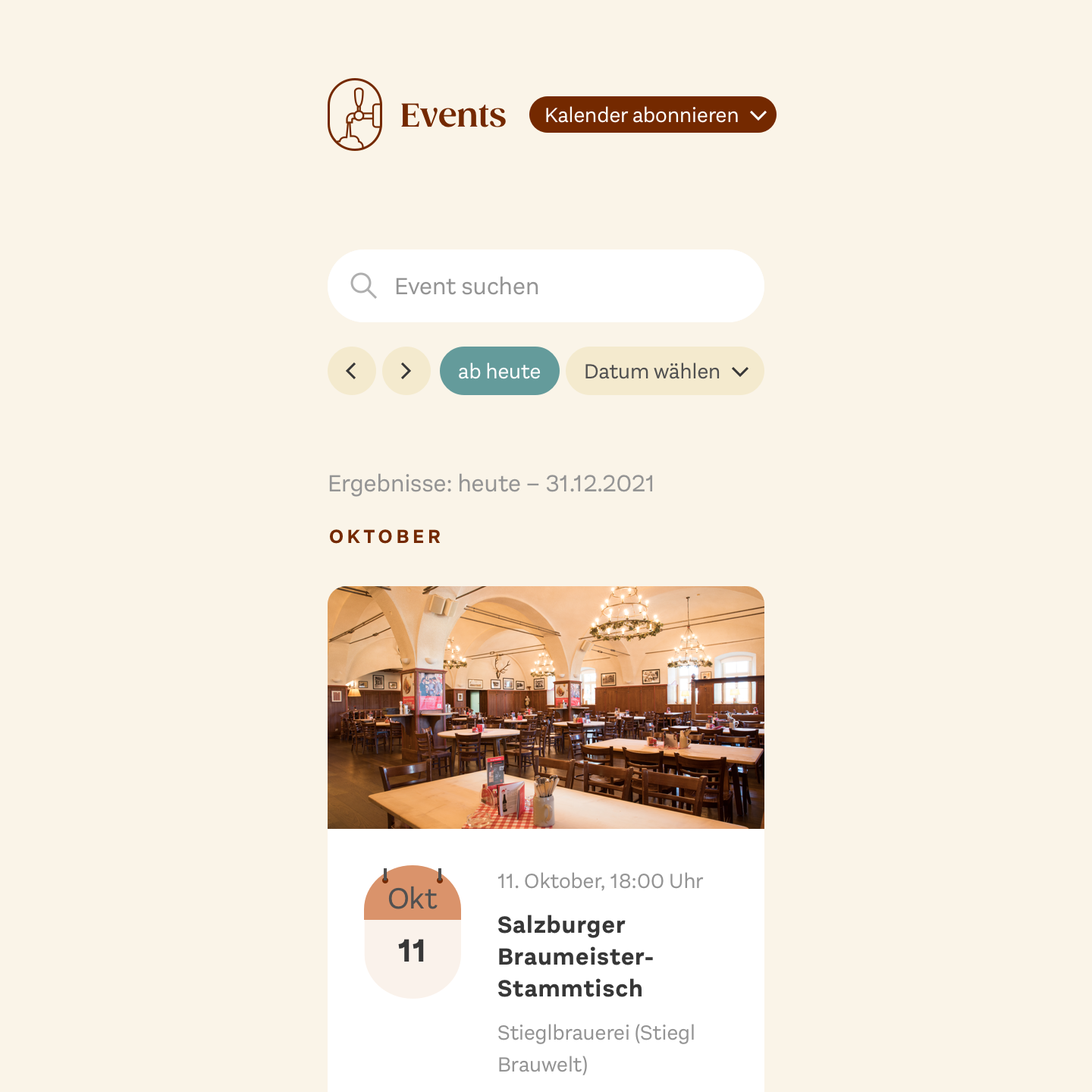 Event lister on mobile Design of the event lister of braumeisterbund.at